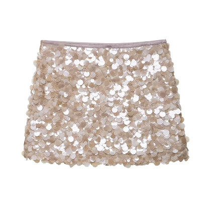 Women Y2K With Sequined Solid A-Line Mini Skirt Side Zipper High Waist Female Chic Lady Casual Skirts