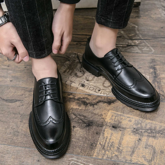 New Brock engraved casual leather shoes for men genuine leather business formal wear British thick-soled height-increasing style