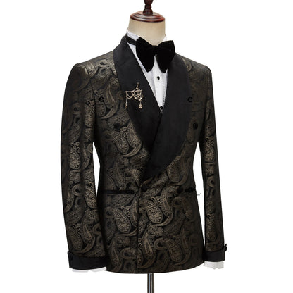 2023 Elegant Men's Suit for Wedding Tuxedo Double Breasted Black Paisley Jacket Velvet Lapel Pants 2 Pcs Set
