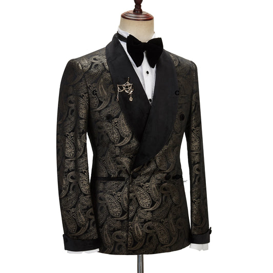 2023 Elegant Men's Suit for Wedding Tuxedo Double Breasted Black Paisley Jacket Velvet Lapel Pants 2 Pcs Set