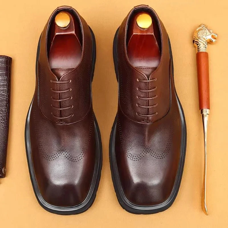 5cm heels High Quality Thick Sole Height-increasing Shoes Man Square Toe Lace-up Oxford Shoes Cowhide Leather Men Dress Shoes