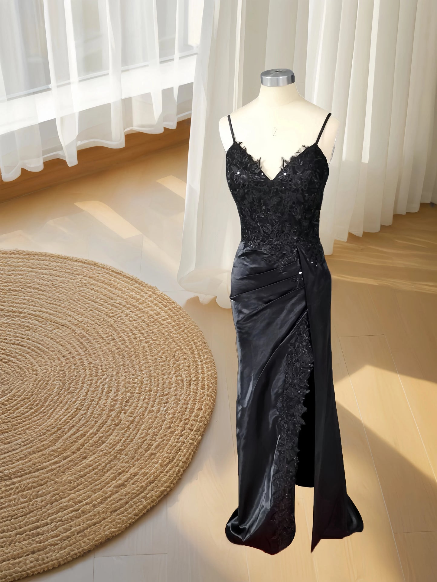 Women's Satin Appliques Prom Dresses with High Slit V Neck Mermaid Evening Gown Formal Party Dress