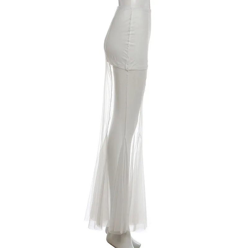 Mesh Patchwork Long Skirt Woman Summer Trend Elastic Waist Skinny Peach Hip Hot Girls Street Elegant Fashion Style Bottom