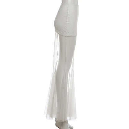 Mesh Patchwork Long Skirt Woman Summer Trend Elastic Waist Skinny Peach Hip Hot Girls Street Elegant Fashion Style Bottom