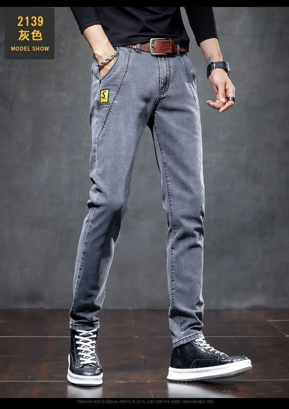 Winter New Fashionable Solid Color With Thick Fleece and Warm Straight Leg Elastic Jeans For Men's Casual Sports High-end Jeans