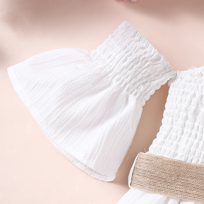 Vestido Feminino de Verão Ombro a Ombro Cinto Cor Sólida