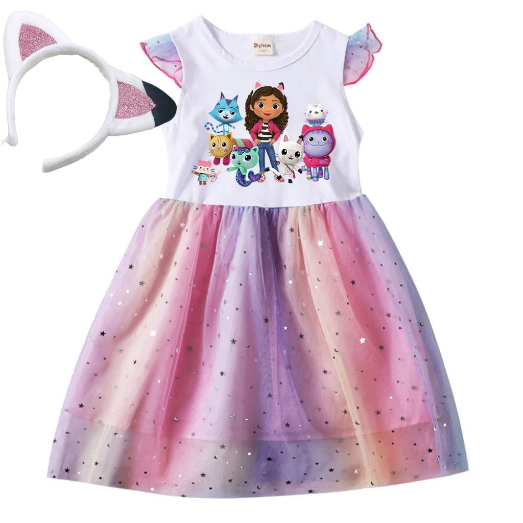 Kids Gabby's Dollhouse Cats Princess Dress Summer Casual Girls Rainbow Mesh Dress Children Carnival Wedding Birthday Party Dress