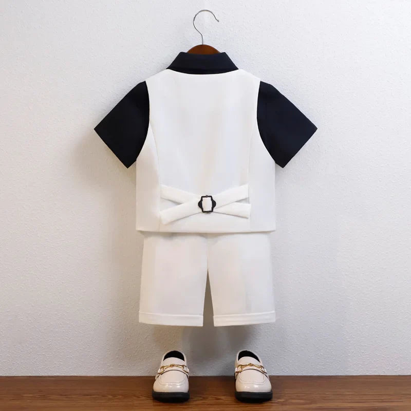 Children Boy Summer Cool Green Suit Kids Boys Vest Shirt Shorts Bowtie Ceremony Costume Formal Boys Breathable Slim Wedding Suit
