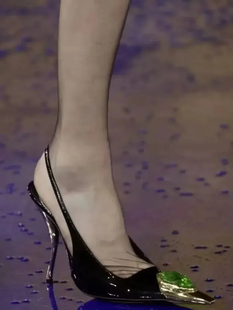 Luxury Metal Jewel Decoration Heels Women 2025 Sexy Pointed Toe Patent Leather Women Pumps Elegant Banquet High Heeled Sandals
