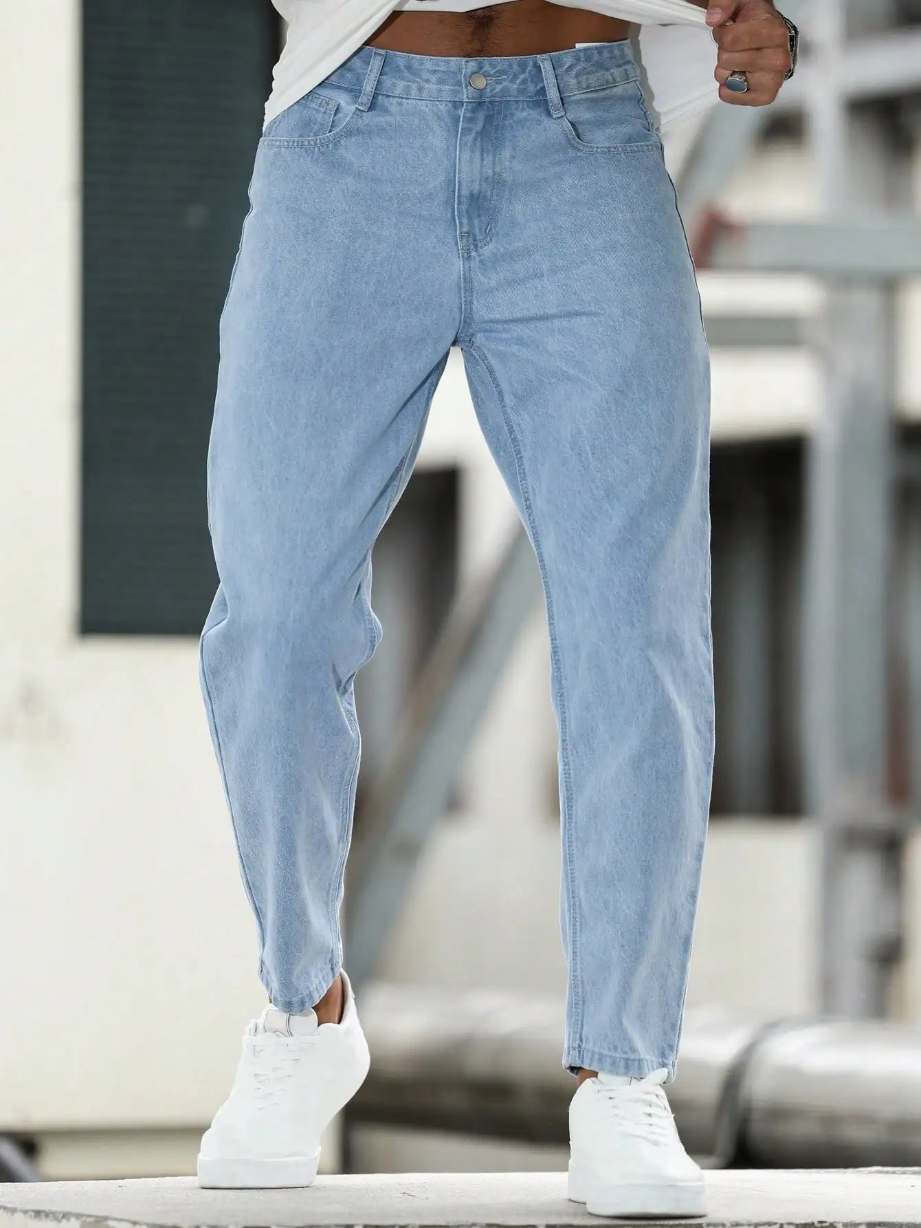 Solid color men's casual jeans, comfortable and breathable for a premium look.