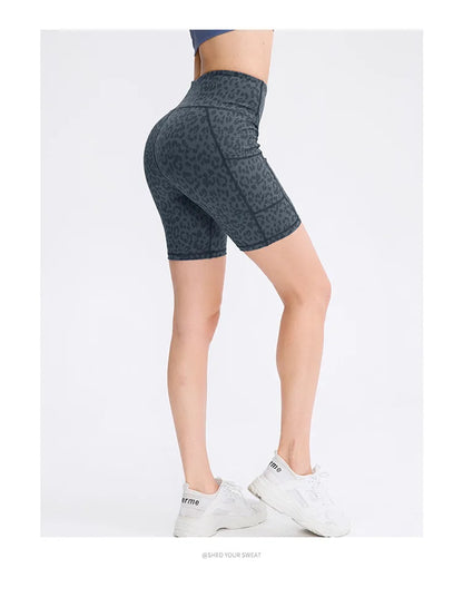 Women's printed nude yoga shorts with pockets skin-friendly tight stretch quick-drying sports fitness hiking running shorts