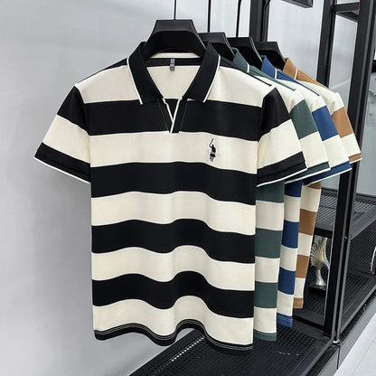 High End Embroidered Polo Shirt for Men, 2026 New Summer Striped Men's Short Sleeved T-shirt, Pure Cotton Lapel Half Sleeved Top