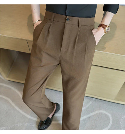 Men's Old Money Style Linen-Cotton Pleated Dress Pants – Lightweight, Semi-Elastic Waist & Wrinkle-Free for Summer