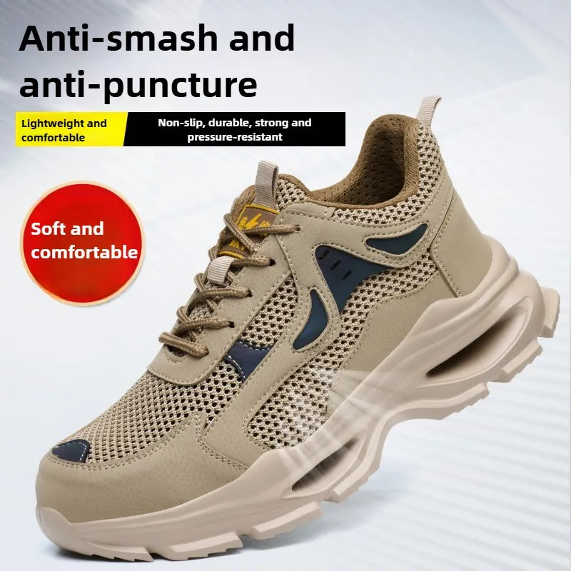 Summer Safety Shoes Anti-puncture Khaki Lightweight Breathable Men's Safety boots Durable Impact Resistant Work Sneaker