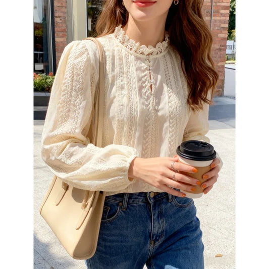 New Chic Spring Autumn  Lace Women Fashion Blouse Long Sleeve Casual Elegant Office Loose Shirt Collar Elegant Top Clothes