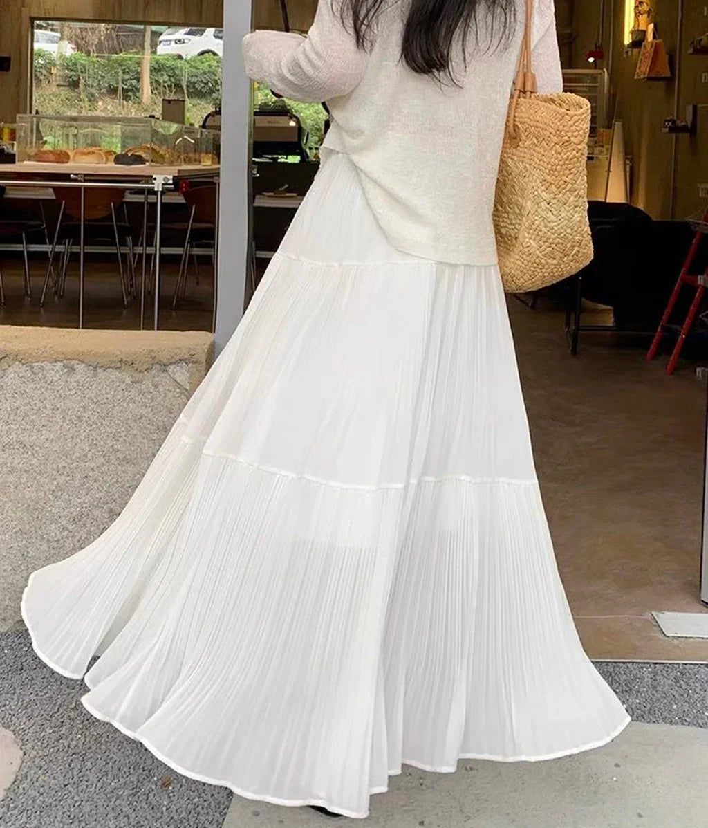 Women's High Waist Pleated Maxi Skirt, Casual A-Line Flowy Tiered Long Skirt, Elegant Beach Vacation Skirts for Ladies