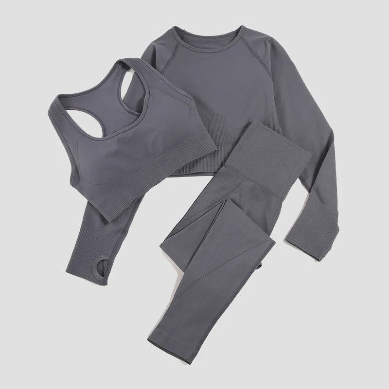2/3Pcs Women Seamless Fitness Yoga Suit Workout Long Sleeve Crop Top Shirt Sports Bra High Waist Running Leggings Gym Clothing