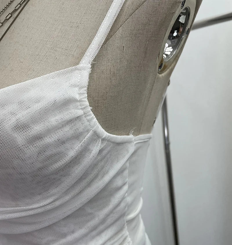 Summer Y2K Camisole for Women Casual Spaghetti Straps Double Layers Lace Stretch Mesh Patchwork Asymmetrical Slim Tops