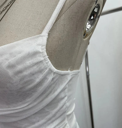Summer Y2K Camisole for Women Casual Spaghetti Straps Double Layers Lace Stretch Mesh Patchwork Asymmetrical Slim Tops