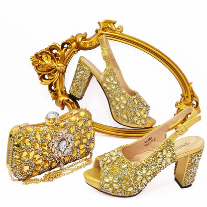 Conjunto de Sapatos de Salto Alto com Strass e Bolsa Feminino Luxuoso Último Design Italiano de Verão para Casamento Festa de Natal
