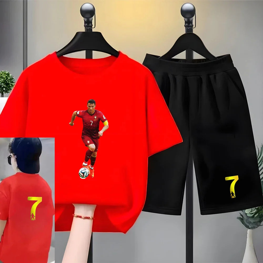 Children Football Player Player No. 7 Print Clothing Short-sleeved T-shirt+Shorts Boys Girls Toddler 3-12Yrs Sports Set Summer