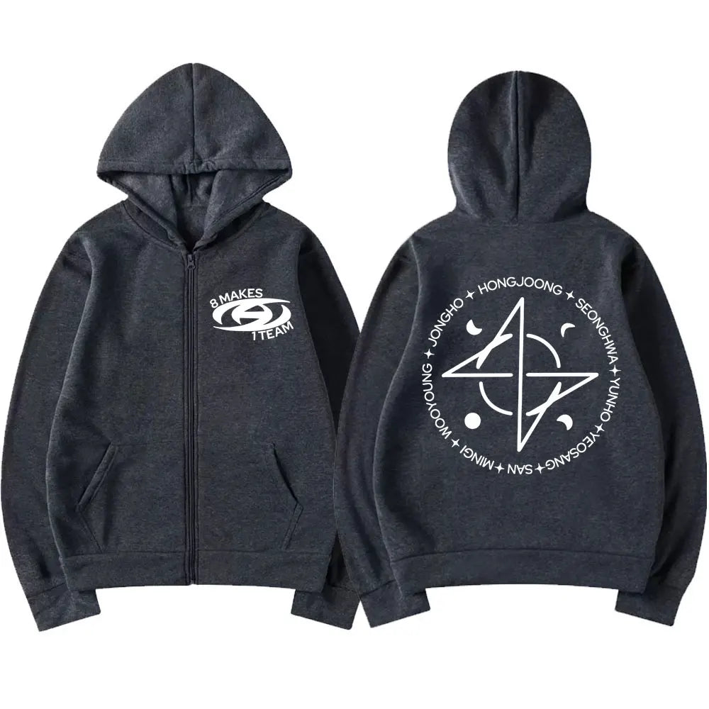 Kpop Ateez 8 Makes 1 Team Zíper Estilo Coreano Y2k Harajuku Moletom com Zíper Masculino Feminino Moda Superdimensionado Jaquetas Quentes Streetwear