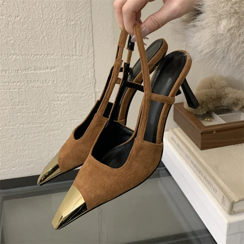 Street Style Sexy Pointed Toe Slingbacks Pumps Women Stripper Sandals High Heels Female Banquet Shoes Brown Kitten Heels
