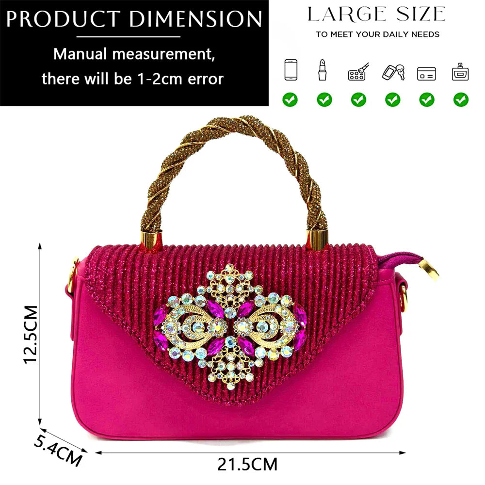 Nigerian Women's Pink High Heel Frosted Crystal Shiny Rhinestone Party Italian Design Pointed Shoes And Bag Set