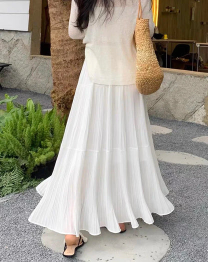 Women's High Waist Pleated Maxi Skirt, Casual A-Line Flowy Tiered Long Skirt, Elegant Beach Vacation Skirts for Ladies