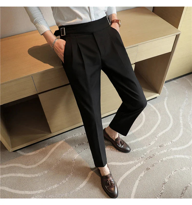Luxury Men's Slim High-Rise Dress Pants - Heavyweight Subtle Stripe with 3D Pleats & Naples Tailoring