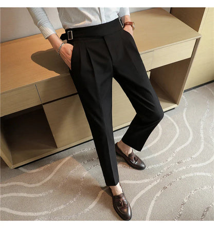 Luxury Men's Slim High-Rise Dress Pants - Heavyweight Subtle Stripe with 3D Pleats & Naples Tailoring