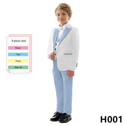Premium Boys White And Light Blue Contrast Formal Suit Set 4PCS Design Elegant Occasion Wear For Wedding Banquet Performance