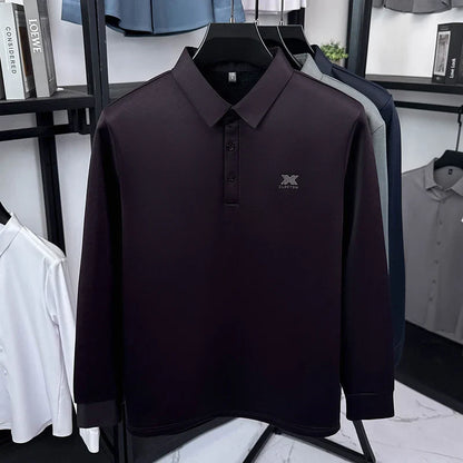 2025 Winter Men's Fashion New Collection with Velvet Long Sleeve T-shirt, Collar with Mulberry Silk and Wool Warmth POLO Sweater