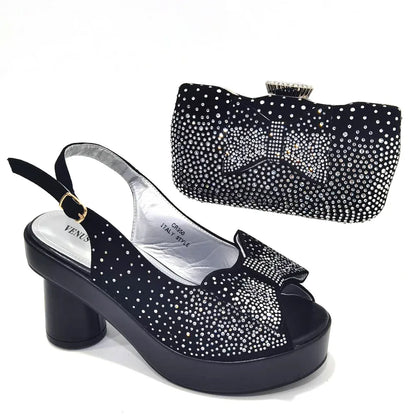 Silver Fashion Square Heels with Platform African Women Shoes and Bag Set Full Crystal Pumps for Wedding Party