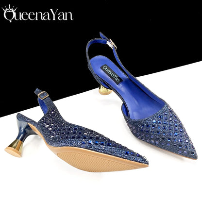 Italian Design Rhinestone Luxury Navy Blue Pointed Toe Shoe & Bag Set Women High Heels for Parties High Quality