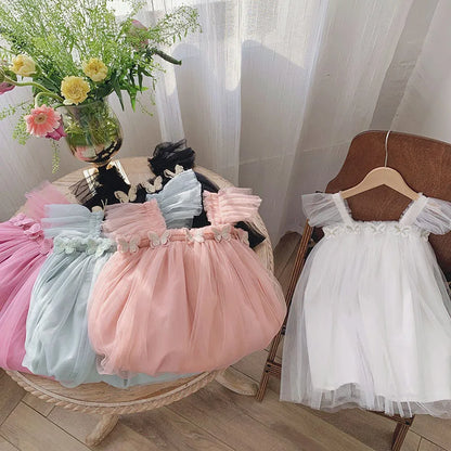 Vestidos de Tule de Malha de Princesa para Meninas, Tutu, Vestido de Aniversário de Sereia com Borboletas 3D para Crianças de 1 a 6 Anos, Vestido de Princesa Infantil