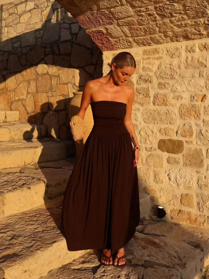 women's new dress elegant sexy off-shoulder fashion pleats details slimming strapless dress
