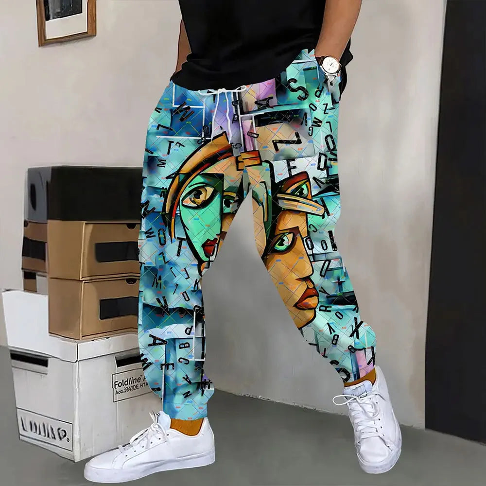 Men's Sweatpants Retro 3D Square Printed Sweatpants Men's Loose Pocket Drawstring Sweatpants Winter Thick Warm Sweatpants