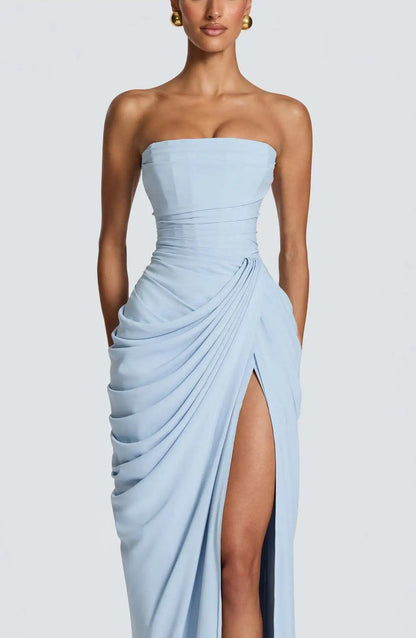 Women Sexy Solid Pleated Strapless Dress Lady Chic Off-shoulder Backless High Waist Split Dresses 2026 New Evening Party Gown