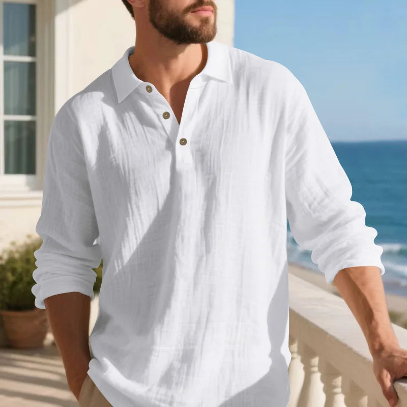 Linen shirt stand-up collar button-down men's loose casual breathable V-neck long-sleeved polo shirt