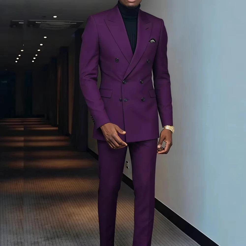 Double-Breasted Smoking for Daily Purple Two-Piece Men's Suit with Peak Lapel Graduation Party Wedding Jacket Casual Wear