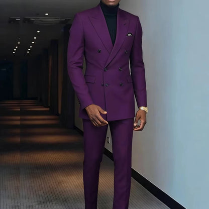 Double-Breasted Smoking for Daily Purple Two-Piece Men's Suit with Peak Lapel Graduation Party Wedding Jacket Casual Wear