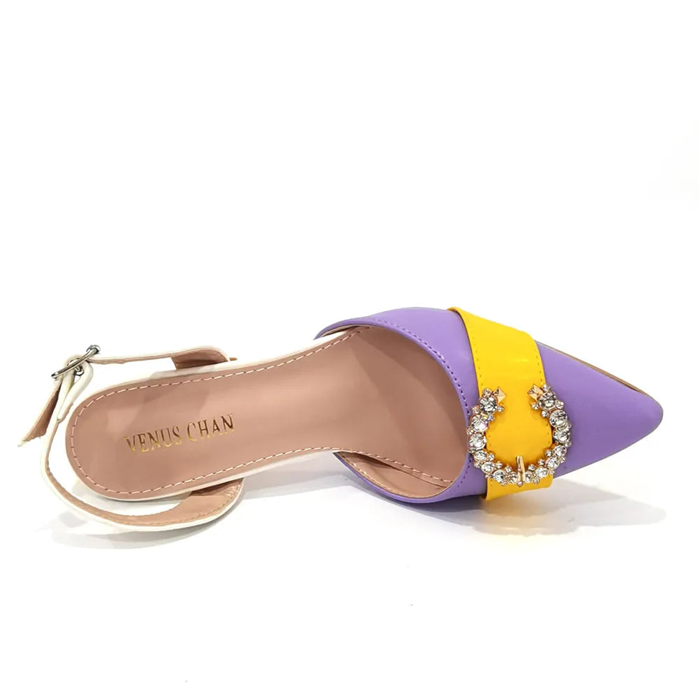 Italian Design Leather Colorblock Pointed Toe High Heel Women's Sandals Fashion Everyday Matching Shoes and Bag Sets