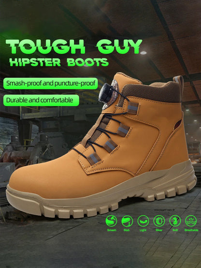 Leather Non Slip Work Boots for Men Rotating Button Safety Shoes Steel Toe Sneaker Male Puncture Proof Protective Boots