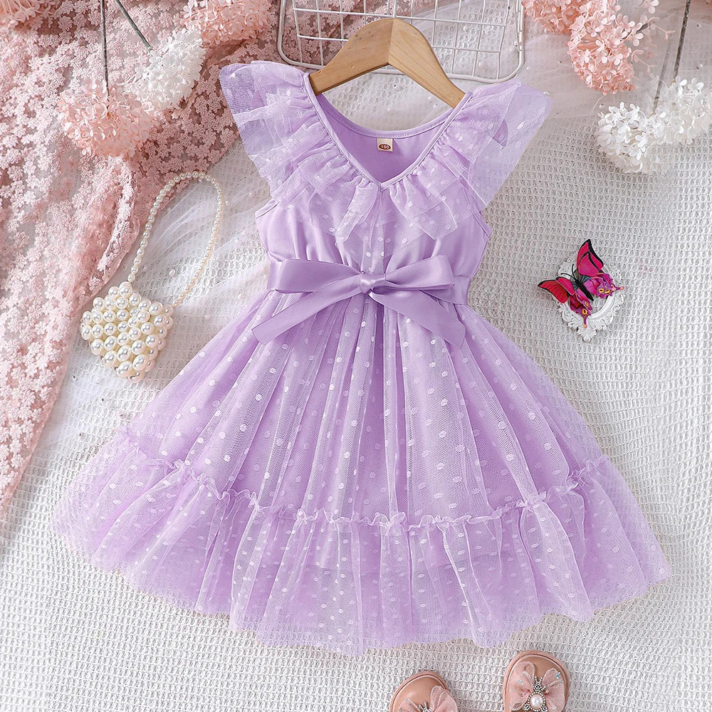 Toddler Girls' Pink Polka Dot Mesh Dress - Flutter Sleeves, Big Bow Waist, Sweet Spring & Summer Princess Dress