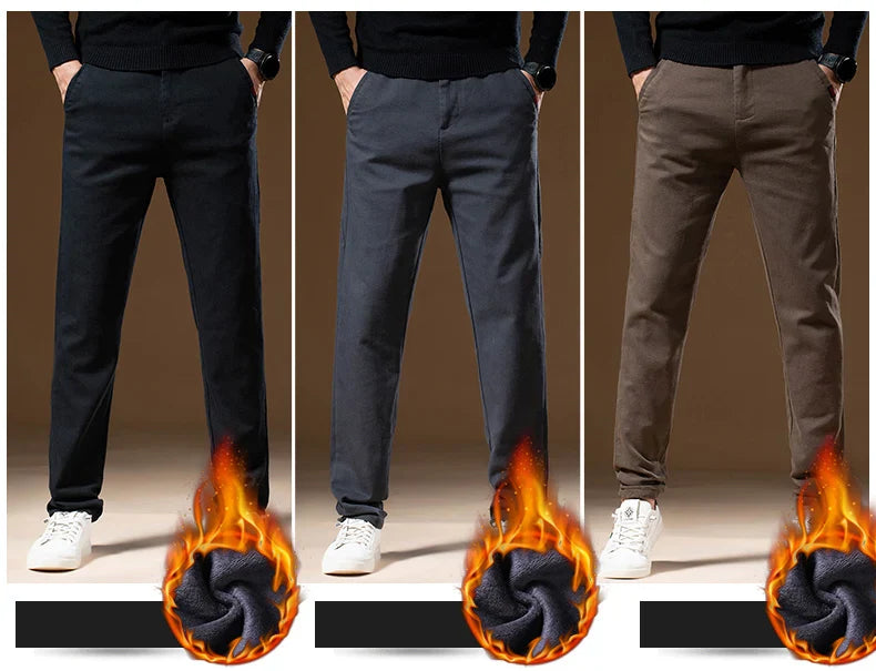 Korean Business Casual Fleece Men Pants Winter Thickened Straight Thermal Casual Pants Male Fashion Stretch Warm Velvet Trousers