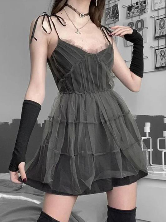 Dark Gothic Elegant Dress Women Emo Alt Vintage Mesh Patchwork Lace Up High Waist Dress Y2k Harajuku Mall Goth Partywear
