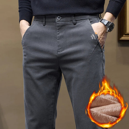 Fleece Men's Casual Pants 2025 Winter New Soft Fashion Business Velvet Slim Trousers Stretch Thick Classic Plush Male Pants