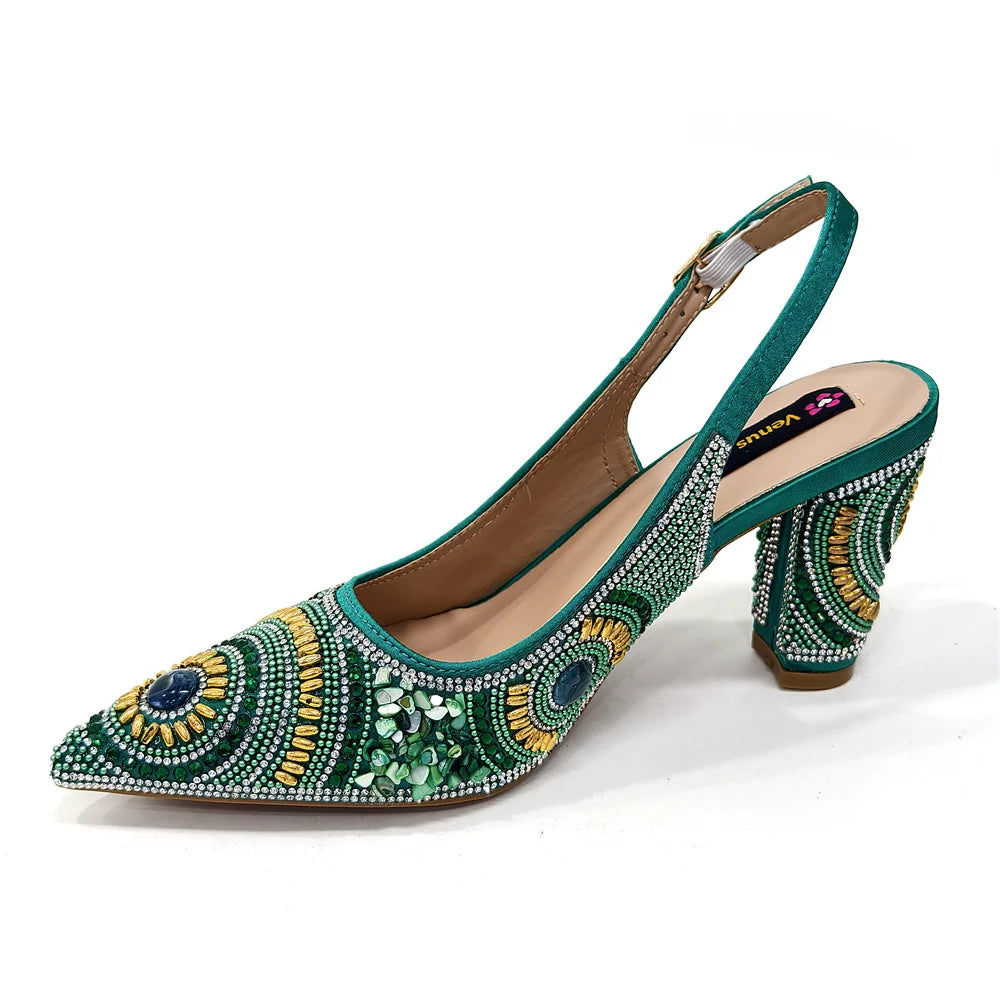 2025 Moda Mais Recente Chegada Laranja Ponta Fina Sandálias Femininas Sapatos com Bolsa Conjunto para Senhoras Festa de Casamento Salto