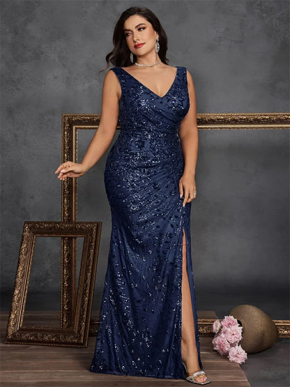 Plus Size Elegant V-back Slit Sequins Formal Evening Dresses 2026 Luxury Mermaid V-neck Cocktail Wedding Party Gowns